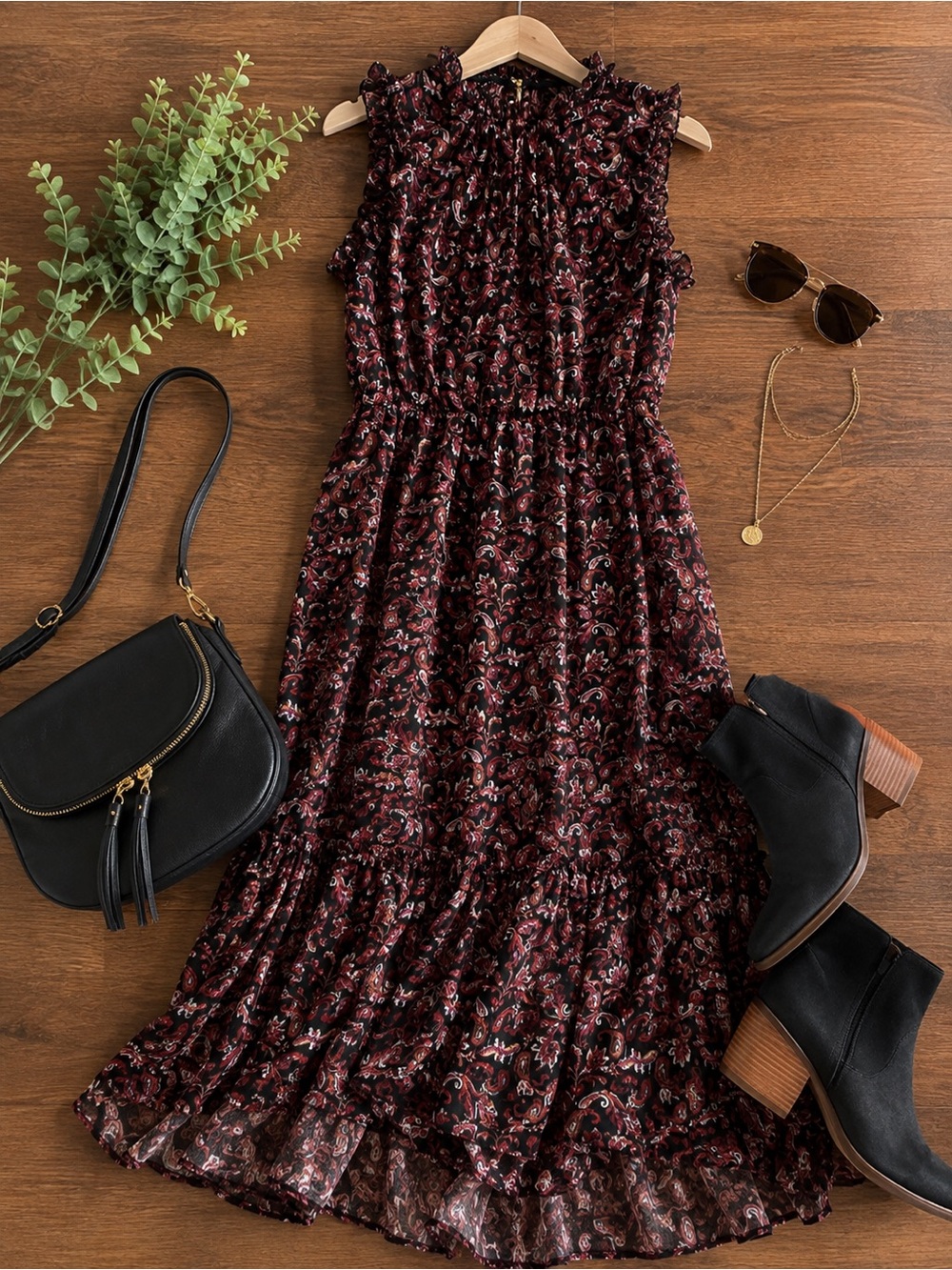 Sam Edelman Black and Burgundy Paisley Maxi Dress